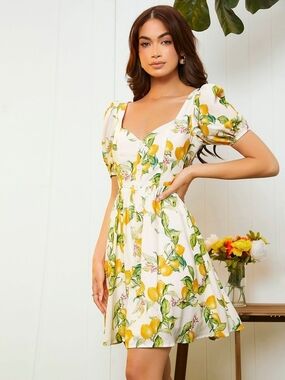 Sweetheart Neck Lemon Print Puff Sleeve Dress - White/Yellow